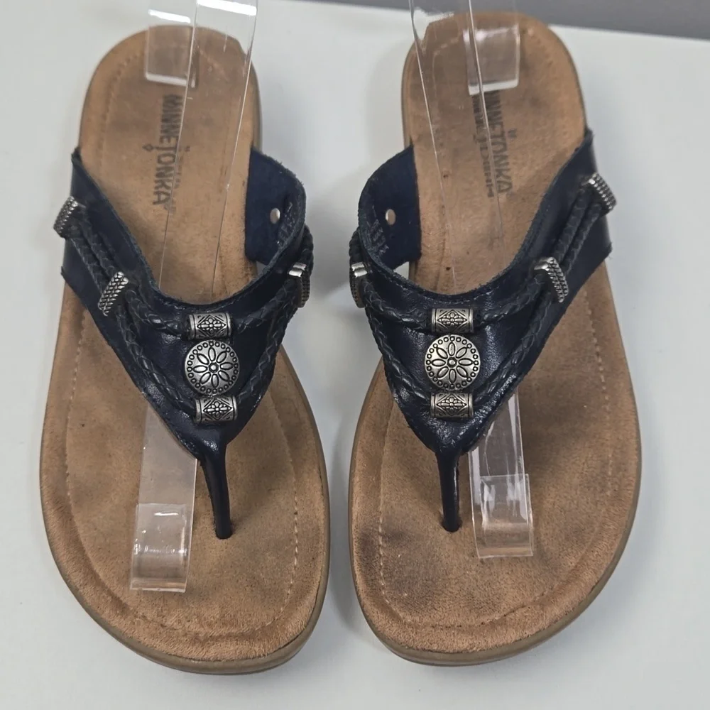 Minnetonka Navy Leather Sandals